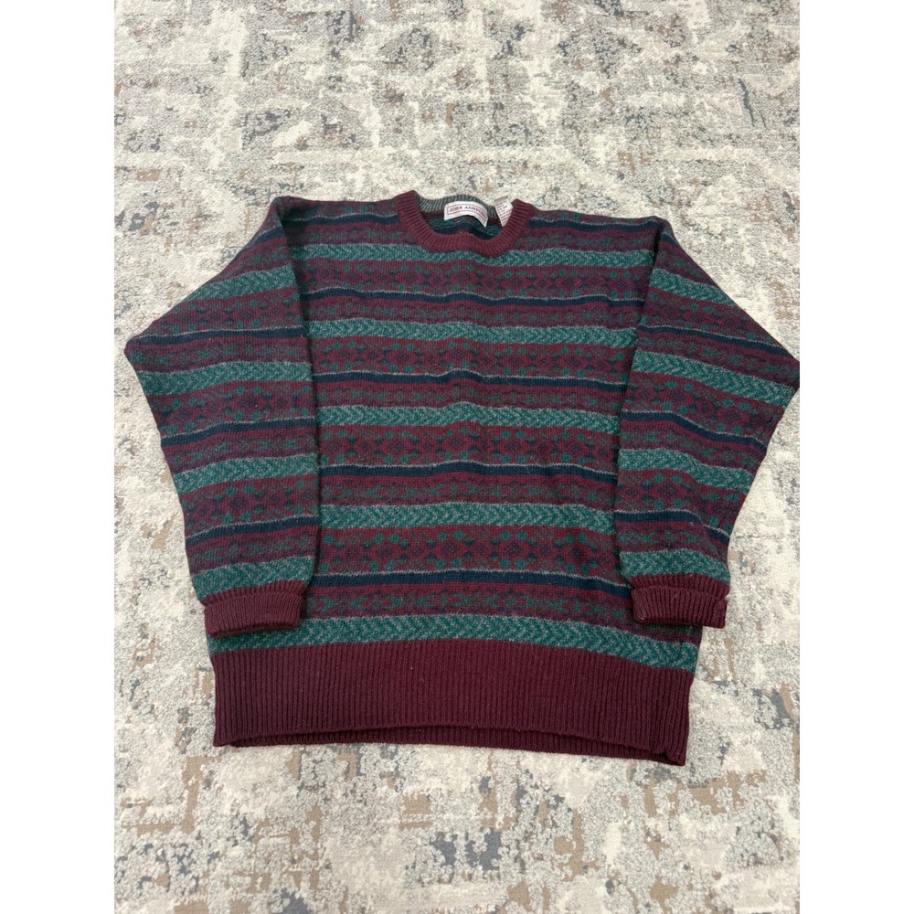John Ashford Vintage 100% Shetland Wool Fair Isle Sweater Burgundy Green Mens L